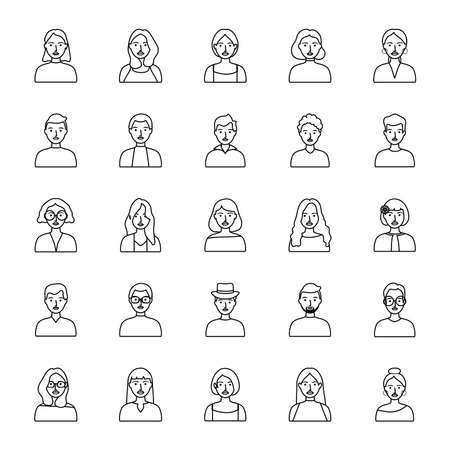 cartoon young people icon set over white background, line style, vector illustrationのイラスト素材