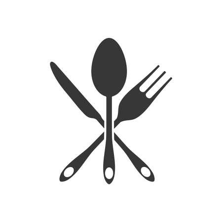 crossed spoon, knife and fork over white background, silhouette style, vector illustrationのイラスト素材