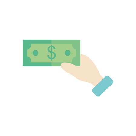 hand holding a money bill icon over white background, flat style, vector illustrationのイラスト素材