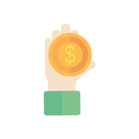 hand holding a money coin icon over white background, flat style, vector illustrationのイラスト素材