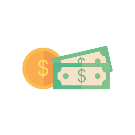 money bills and coin over white background, flat style, vector illustrationのイラスト素材