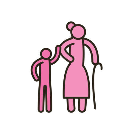 Grandmother avatar with walking stick and grandson line and fill style icon design, Old woman female person mother grandparents family senior and people theme Vector illustrationのイラスト素材