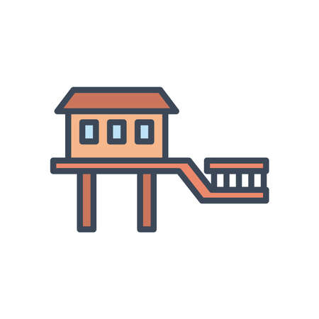 House with windows door and bridge line and fill style icon design, Home real estate building residential architecture property and city theme Vector illustrationのイラスト素材