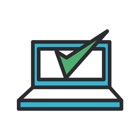 Check mark in front of laptop line and fill style icon design, Ok tick choice correct approved choose vote positive and web theme Vector illustrationのイラスト素材