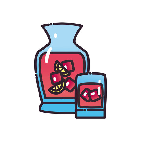 Cocktail jar and glass with ice cubes and lemons fill and gradient style icon design, Alcohol drink bar and beverage theme Vector illustrationのイラスト素材