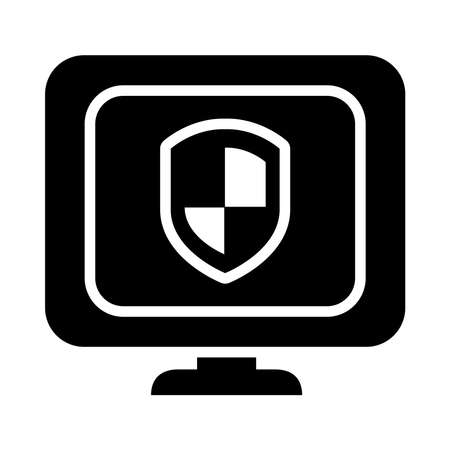 computer with shield icon on screen over white background, silhouette style, vector illustrationのイラスト素材
