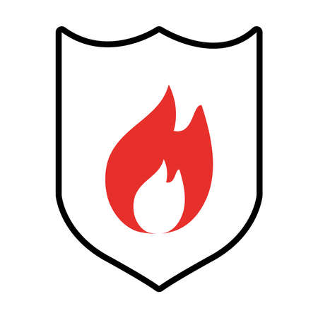 shield with fire flame icon over white background, half line half color style, vector illustrationのイラスト素材