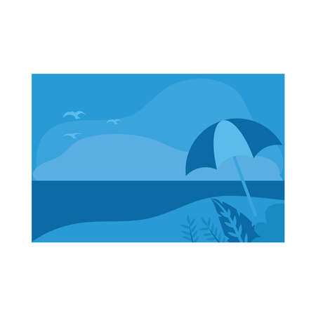 Blue banner with leaves and umbrella at beach design, Summer vacation tropical and relaxation theme Vector illustrationのイラスト素材