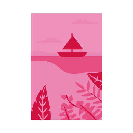 Pink banner with leaves and sailboat design, Summer vacation tropical and relaxation theme Vector illustrationのイラスト素材