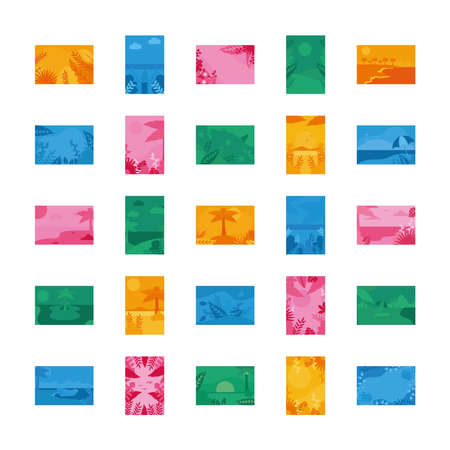 Pink blue orange and green banners set design, Summer vacation tropical and relaxation theme Vector illustrationのイラスト素材