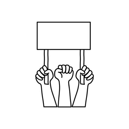 protesting hands with blank placard icon over white background, line style, vector illustrationのイラスト素材
