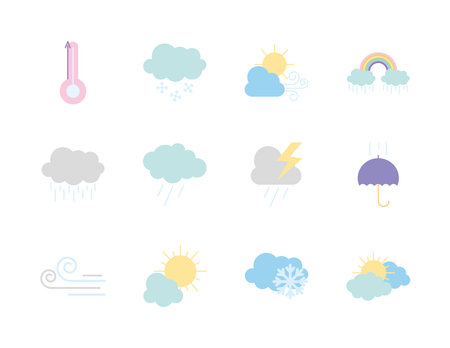 icon set of thermometer and weather over white background, flat style, vector illustration