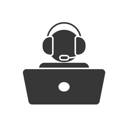 Icon Of A Man With A Headset and laptop computer From The Technical Support over white background, silhouette style, vector illustrationのイラスト素材