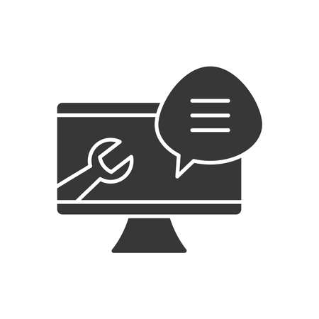 Technical service concept, speech bubble and computer with wrench tool shape over white background, silhouette style, vector illustrationのイラスト素材