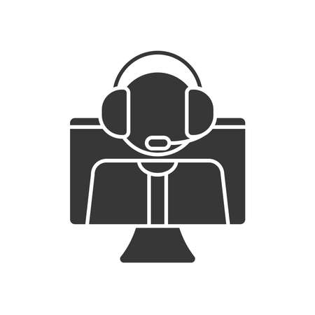 Computer with A Man With A Headset From The Technical Support on screen over white background, silhouette style, vector illustrationのイラスト素材