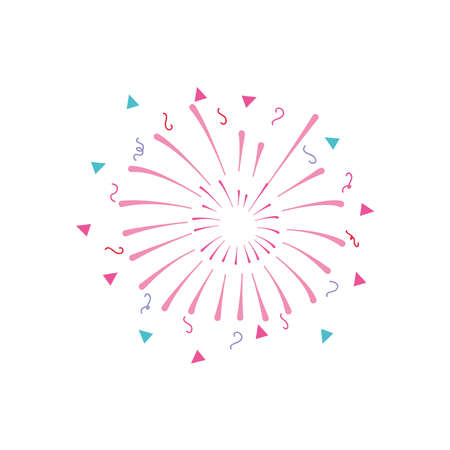festive fireworks with stripes and triangles exploding over white background, flat style, vector illustrationのイラスト素材