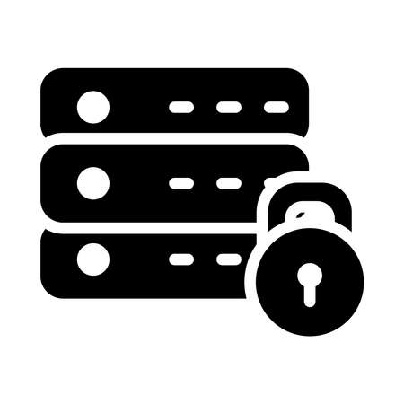 cyber security concept, data base routers and padlock icon over white background, silhouette style, vector illustrationのイラスト素材