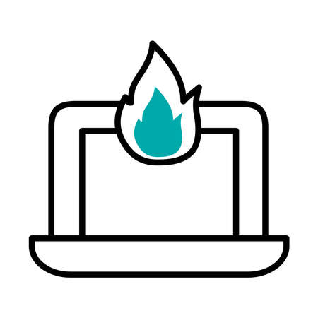 cyber security concept, laptop computer with fire flame icon over white background, half line half color style, vector illustrationのイラスト素材