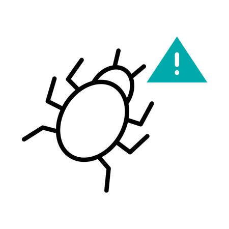 cyber security concept, bug wth warning sign icon over white background, half line half color style, vector illustrationのイラスト素材
