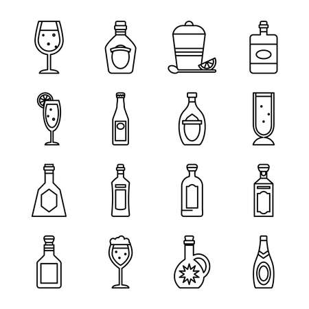 whisky bottles and liquor bottles icon set over white background, line style, vector illustrationのイラスト素材