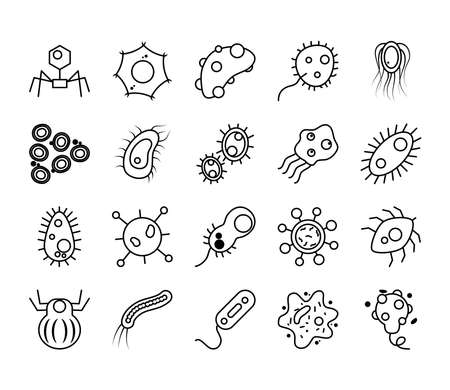 icon set of virus and bacteria shapes over white background, line style, vector illustrationのイラスト素材
