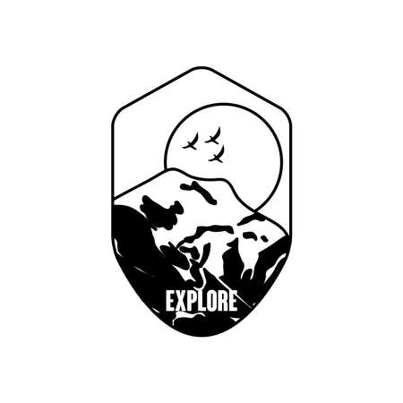 explore insignia badge with dry mountains and sunset over white background, silhouette style, vector illustrationのイラスト素材