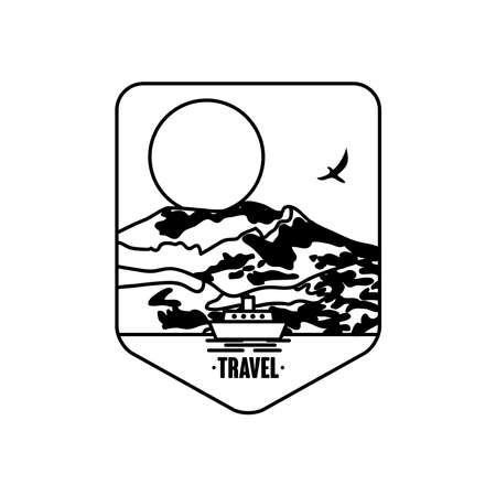 travel shield badge with mountains and sun over white background, silhouette style, vector illustrationのイラスト素材