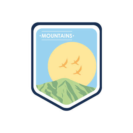 insignia badge with mountain and big sun over white background, flat style, vector illustrationのイラスト素材