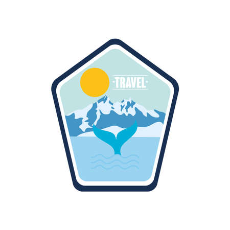 travel insignia badge with whale tain and snowy mountains over white background, flat style, vector illustrationのイラスト素材
