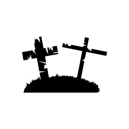 graves with crosses over white background, silhouette style, vector illustrationのイラスト素材
