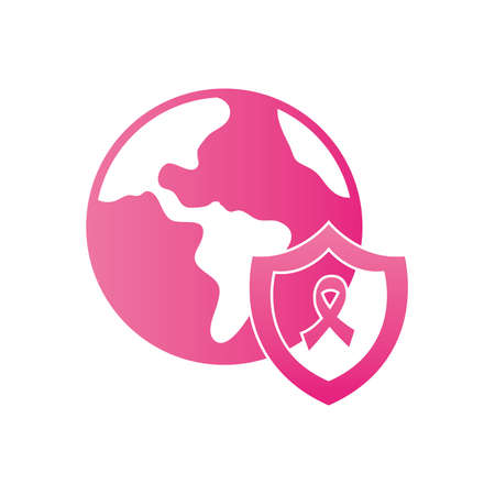 earth planet and shield with cancer ribbon icon over white background, gradient style, vector illustrationのイラスト素材