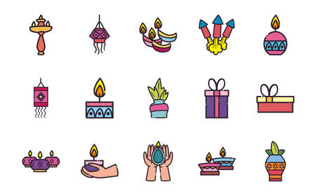 diwali line and fill style set of icons design, Indian culture and hinduism theme Vector illustrationのイラスト素材