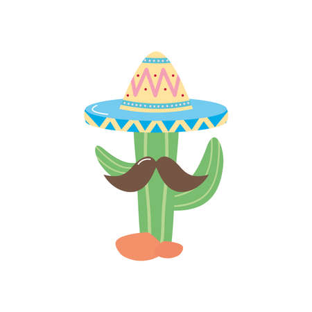 mexican cactus with mustache and hat over white background, flat style, vector illustrationのイラスト素材