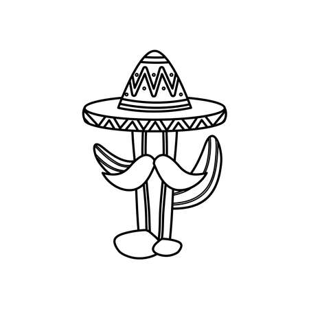 mexican cactus with mustache and hat over white background, line style, vector illustrationのイラスト素材