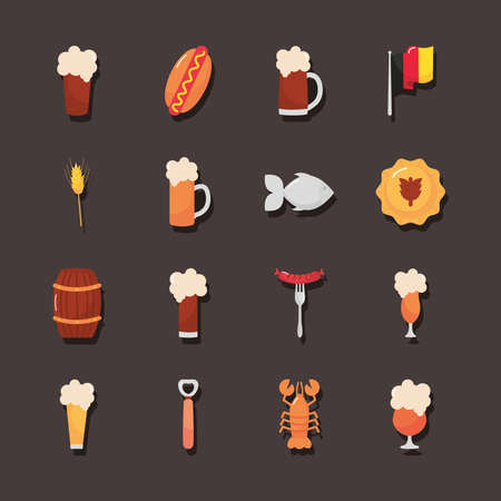 wooden barrel and oktoberfest festival icon set over white background, flat style, vector illustrationのイラスト素材