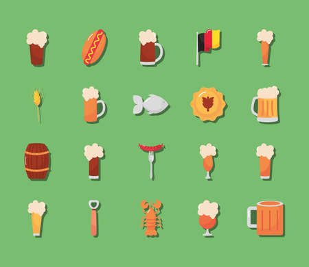 oktoberfest festival and food icon set over green background, flat style, vector illustrationのイラスト素材