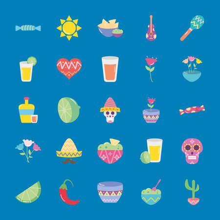 icon set of sun and mexican culture over white background, blue style, vector illustrationのイラスト素材