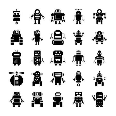 cartoon robots and robotics icon set over white background, silhouette style, vector illustrationのイラスト素材