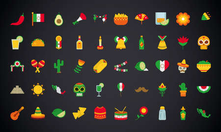 mexico icon set over black background, flat style, vector illustrationのイラスト素材