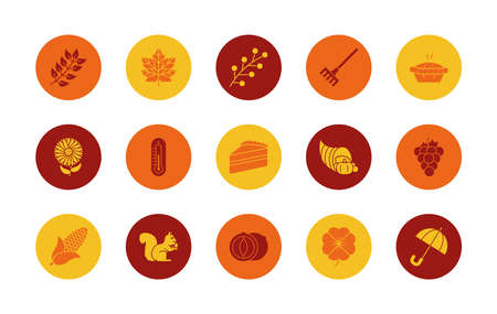 icon set of squirrel and autumn over white background, block style, vector illustrationのイラスト素材