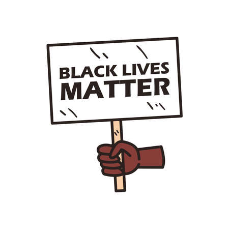 hand holding black lives matter banner board line and fill style icon design of Protest justice and racism theme Vector illustrationのイラスト素材