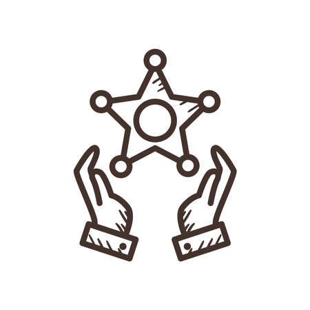 police star between hands line style icon design, Officer cop security law character job person people safety and crime theme Vector illustrationのイラスト素材