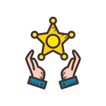 police star between hands line and fill style icon design, Officer cop security law character job person people safety and crime theme Vector illustrationのイラスト素材