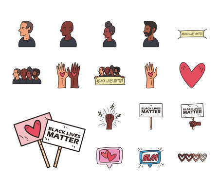 Black lives matter line and fill style set of icons design of Protest justice and racism theme Vector illustrationのイラスト素材