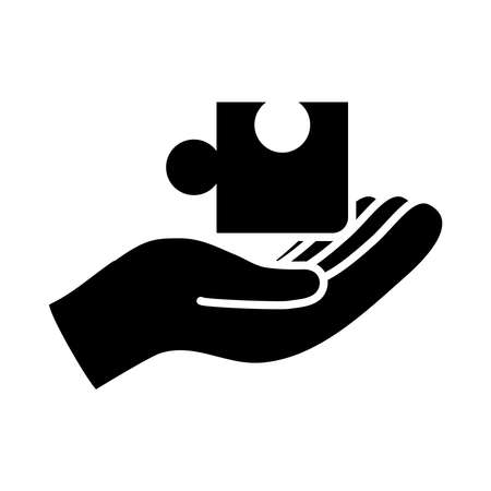 hand holding a jigsaw piece icon over white background, silhouette style, vector illustrationのイラスト素材