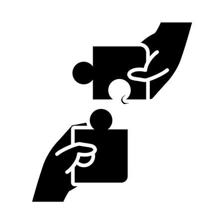 hands with jigsaw pieces icon over white background, silhouette style, vector illustrationのイラスト素材