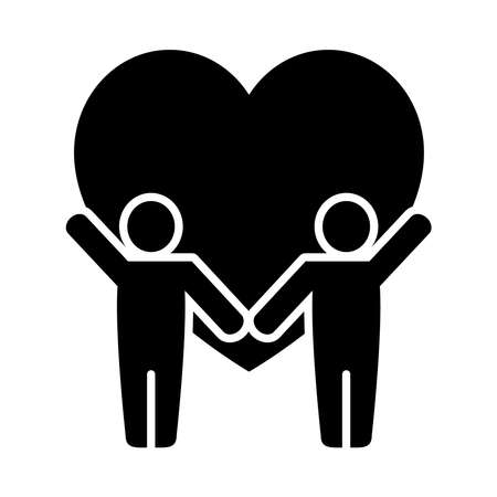 men couple and heart icon over white background, silhouette style, vector illustrationのイラスト素材