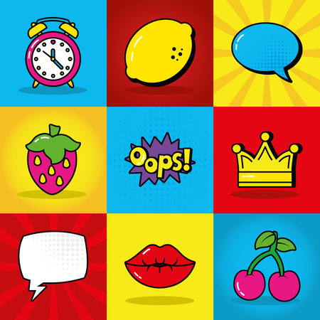 alarm clock and pop art elements icon set over colorful background, line and fill style, vector...