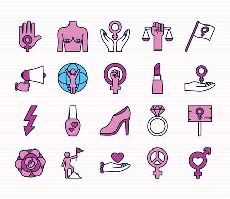 feminism and women icon set over white background, line and fill style, vector illustrationのイラスト素材