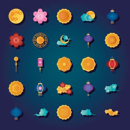 mid autumn icon set over blue background, detailed style, vector illustrationのイラスト素材